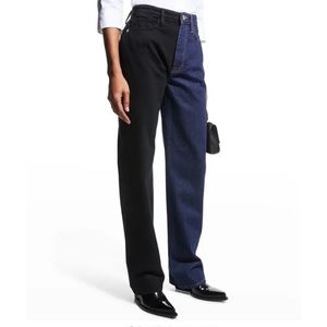 Frame Jeans Two Tone Le Jane Straight Leg High Rise Color Block Black Blue